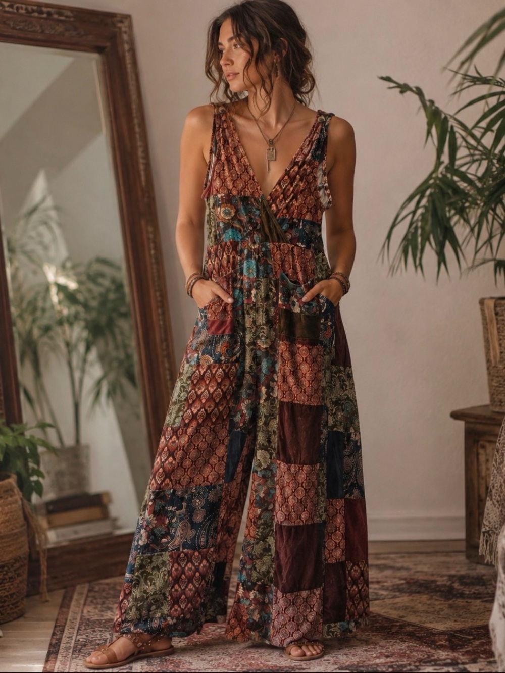 Earthbound Patchwork Velvet Jumpsuit Wide Leg Boho Hippie Indie Size Medium